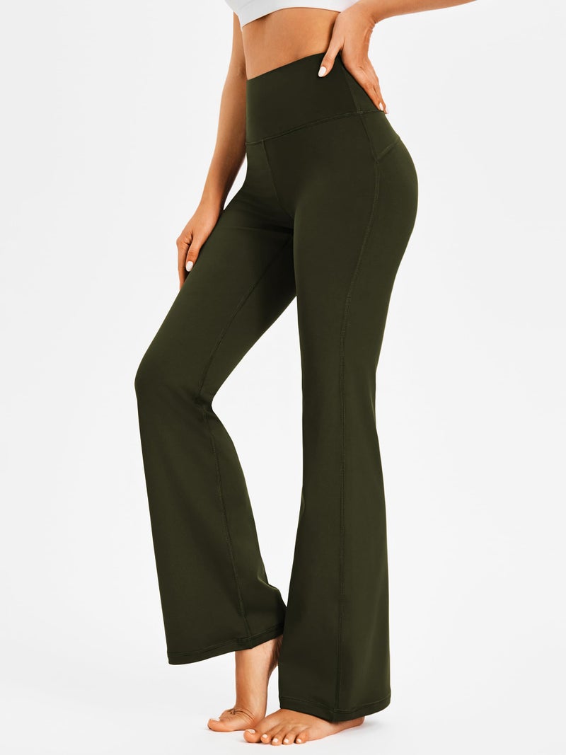 AFITNE Yoga Pants for Women Bootcut Pants with Pockets High Waisted Workout Bootleg Yoga Pants Tall Long Athletic Gym Pants Army Green - L - Image 2